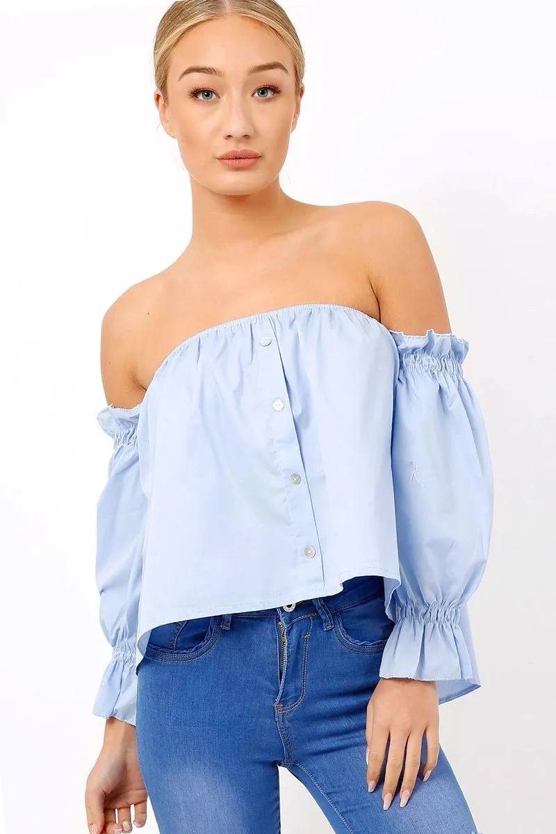 Button - Up Bardot LuLu Crop Blue Hassle-free Top Exclusive offerings