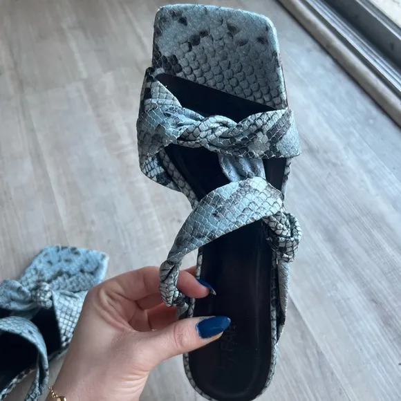By Far blue and black snakeskin square toe heels Italian leather handmade