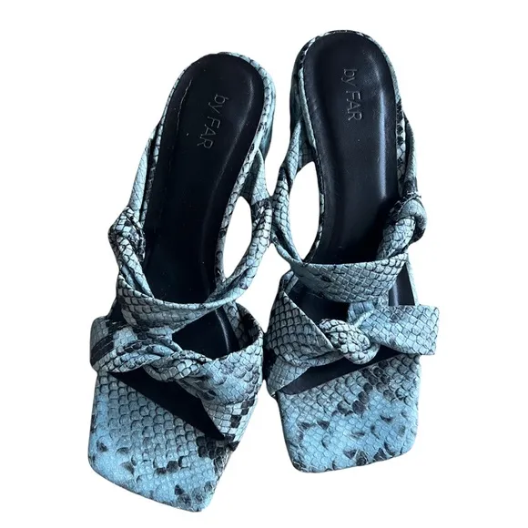 By Far blue and black snakeskin square toe heels Italian leather handmade