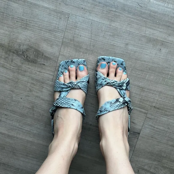 By Far blue and black snakeskin square toe heels Italian leather handmade