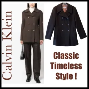 Calvin Klein Wool Cashmere Pea Coat Classic Sophisticated Luxury Brown Size 10