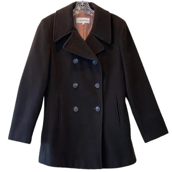 Calvin Klein Wool Cashmere Pea Coat Classic Sophisticated Luxury Brown Size 10