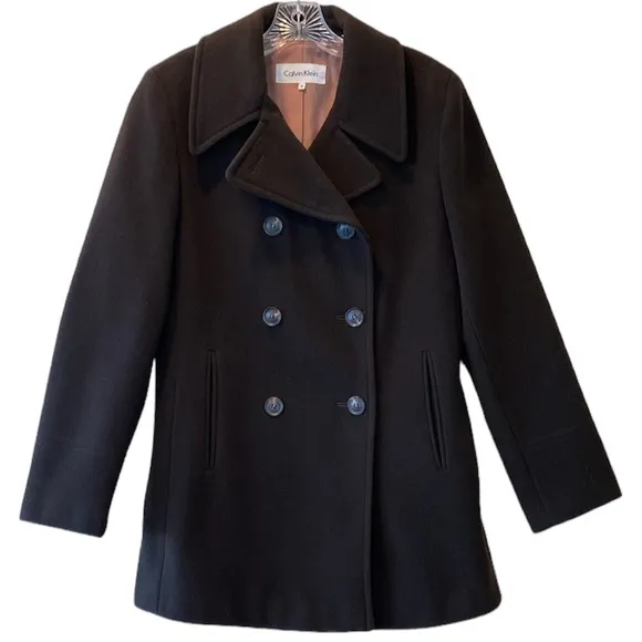 Calvin Klein Wool Cashmere Pea Coat Classic Sophisticated Luxury Brown Size 10