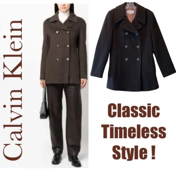 Calvin Klein Wool Cashmere Pea Coat Classic Sophisticated Luxury Brown Size 10