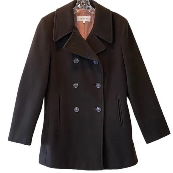 Calvin Klein Wool Cashmere Pea Coat Classic Sophisticated Luxury Brown Size 10