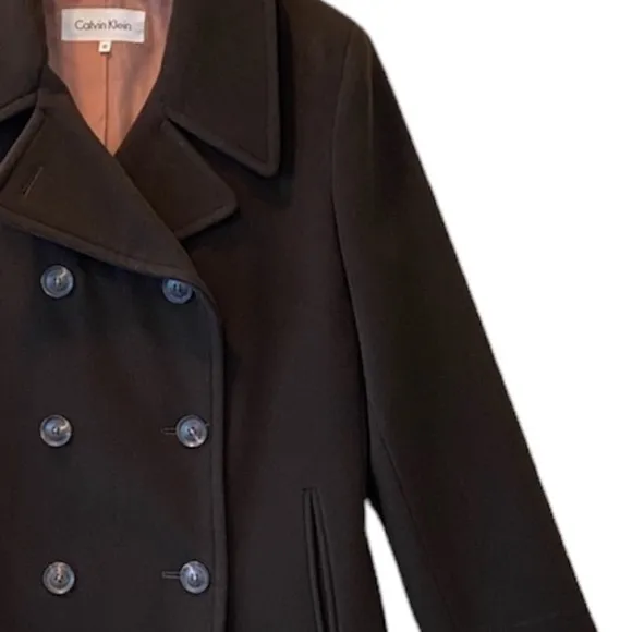 Calvin Klein Wool Cashmere Pea Coat Classic Sophisticated Luxury Brown Size 10