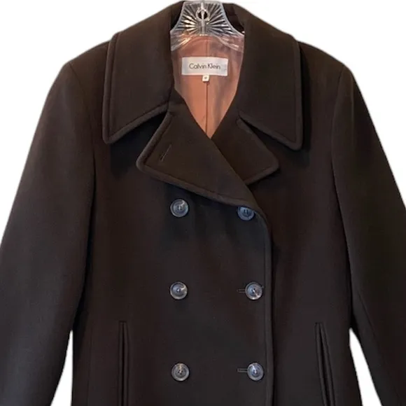 Calvin Klein Wool Cashmere Pea Coat Classic Sophisticated Luxury Brown Size 10