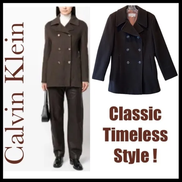 Calvin Klein Wool Cashmere Pea Coat Classic Sophisticated Luxury Brown Size 10