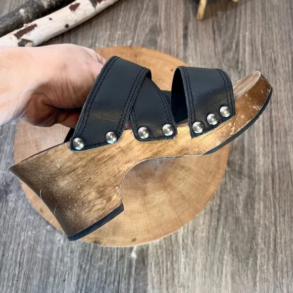 *Candies | Vintage 90's Wooden Clog 3 Strap Leather Heeled Sandals Black Size 6