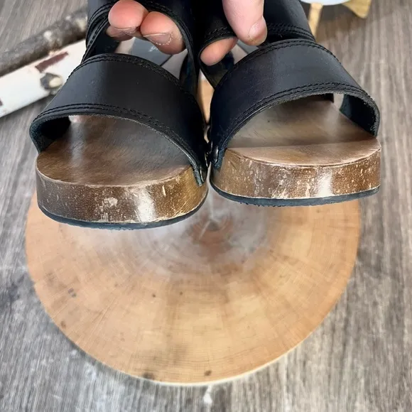 *Candies | Vintage 90's Wooden Clog 3 Strap Leather Heeled Sandals Black Size 6