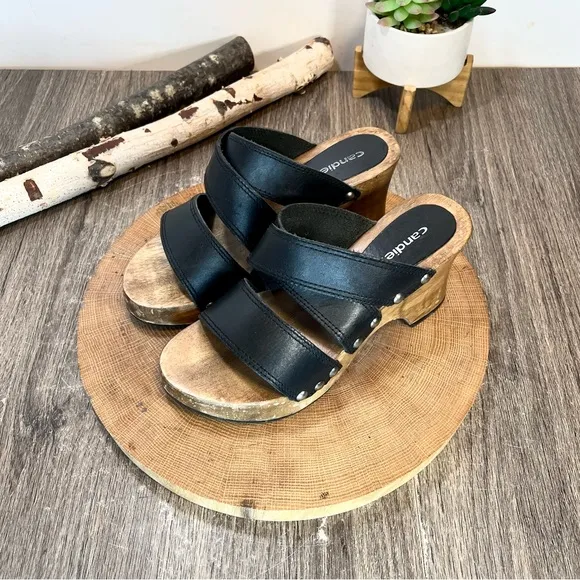 *Candies | Vintage 90's Wooden Clog 3 Strap Leather Heeled Sandals Black Size 6