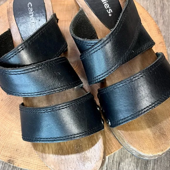 *Candies | Vintage 90's Wooden Clog 3 Strap Leather Heeled Sandals Black Size 6