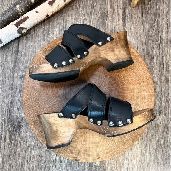 *Candies | Vintage 90's Wooden Clog 3 Strap Leather Heeled Sandals Black Size 6
