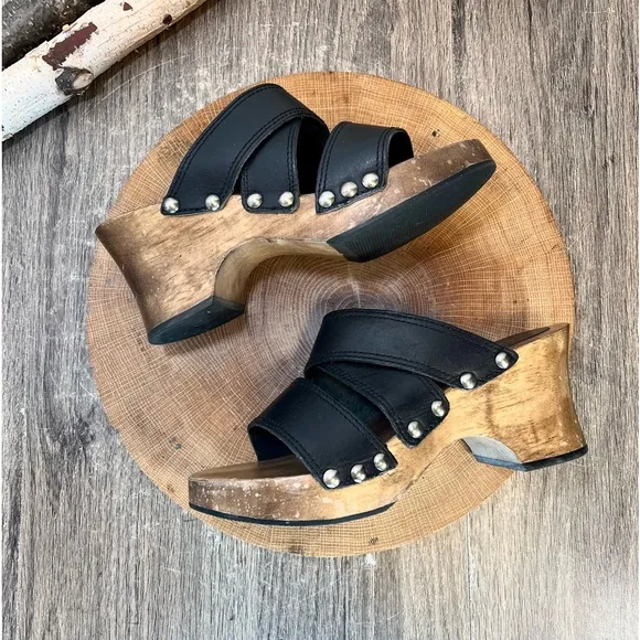 *Candies | Vintage 90's Wooden Clog 3 Strap Leather Heeled Sandals Black Size 6