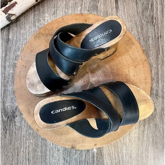 *Candies | Vintage 90's Wooden Clog 3 Strap Leather Heeled Sandals Black Size 6