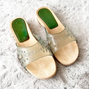 CASADEI Wooden Slide Sandals with Green Jelly Wide Strap
