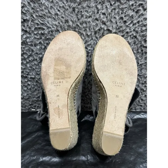 CELINE Gray Leather Espadrille Wedge Sandals Shoes Women's  35 US 5
