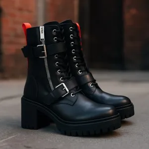 Charles by Charles David Black Combat Boots Moto Buckle Zip 9 Goth Skater NWOT