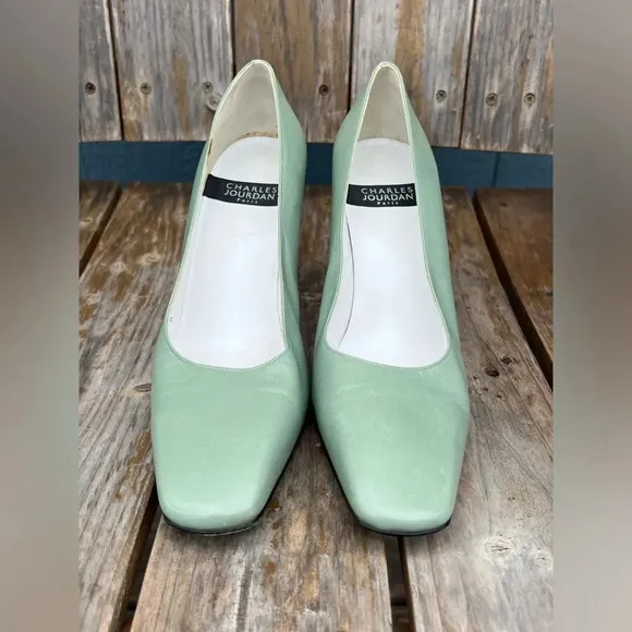 Charles Jourdan Seafoam Green Chunky Block Heel Pumps Shoes High Heels Sz 9 Rare