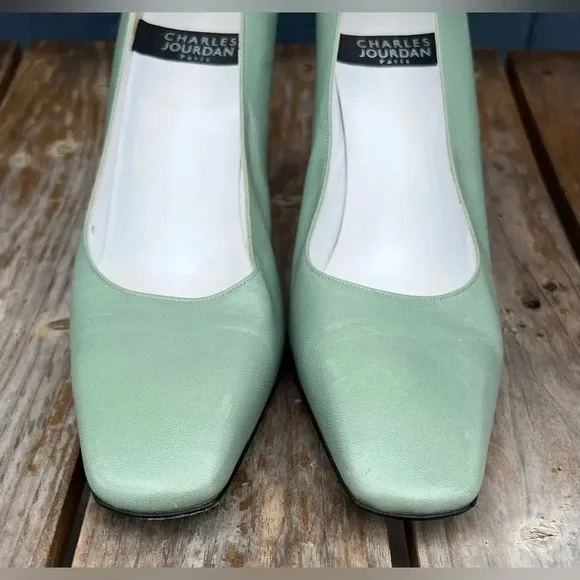 Charles Jourdan Seafoam Green Chunky Block Heel Pumps Shoes High Heels Sz 9 Rare