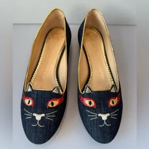 CHARLOTTE OLYMPIA HOT KITTY CAT Flats Dark Blue Denim