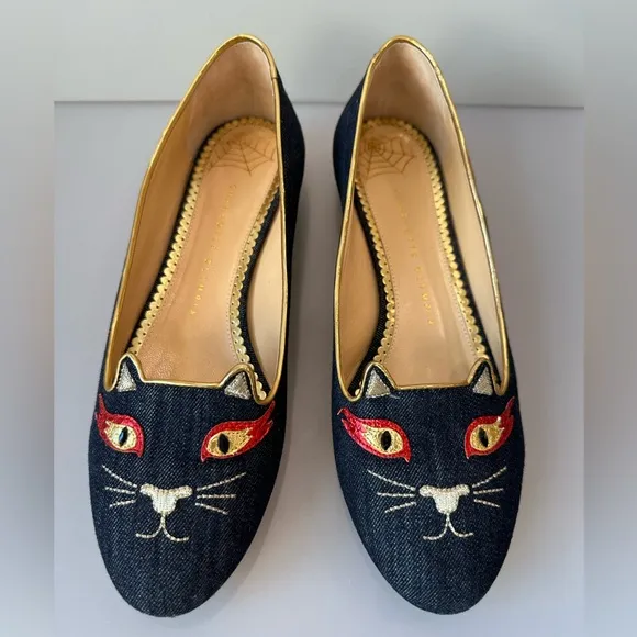 CHARLOTTE OLYMPIA HOT KITTY CAT Flats Dark Blue Denim
