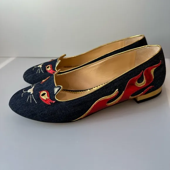 CHARLOTTE OLYMPIA HOT KITTY CAT Flats Dark Blue Denim