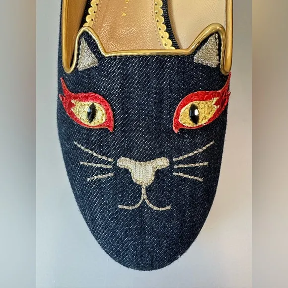CHARLOTTE OLYMPIA HOT KITTY CAT Flats Dark Blue Denim
