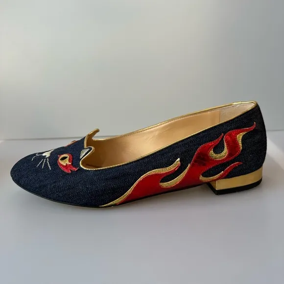 CHARLOTTE OLYMPIA HOT KITTY CAT Flats Dark Blue Denim