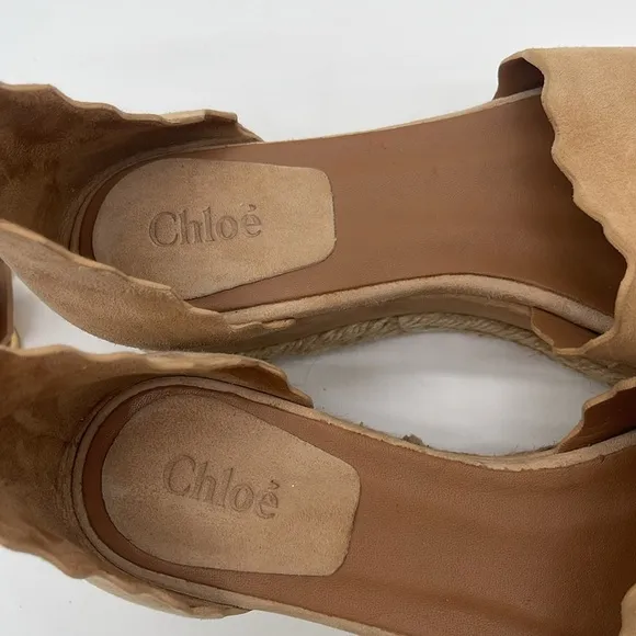 Chloe Suede Scalloped Platform Espadrilles Sand Color Size 6.5