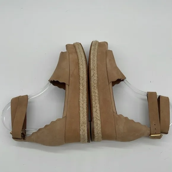 Chloe Suede Scalloped Platform Espadrilles Sand Color Size 6.5