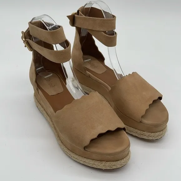 Chloe Suede Scalloped Platform Espadrilles Sand Color Size 6.5