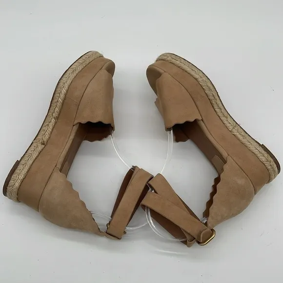 Chloe Suede Scalloped Platform Espadrilles Sand Color Size 6.5