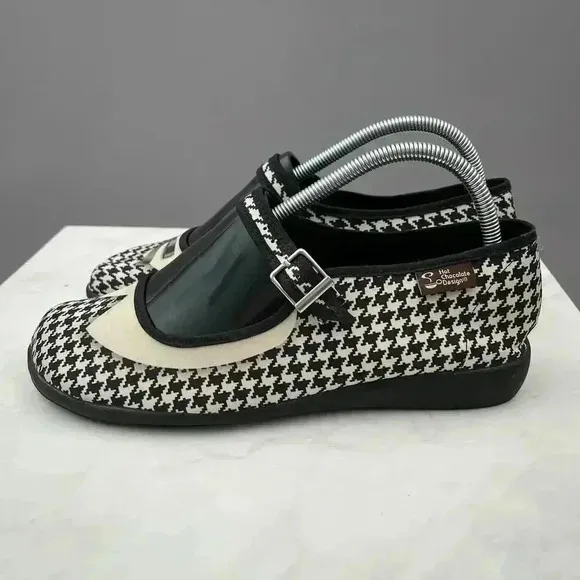 Chocolaticas Mary Janes Shoes Size 8.5/40 Black Houndstooth Wedge Buckle 90s
