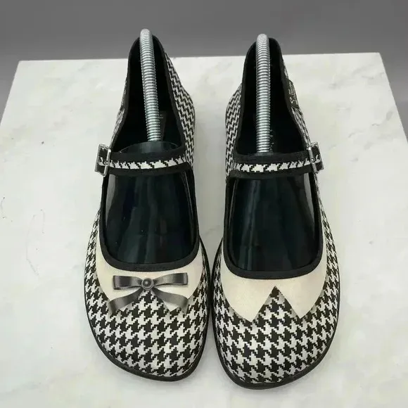 Chocolaticas Mary Janes Shoes Size 8.5/40 Black Houndstooth Wedge Buckle 90s
