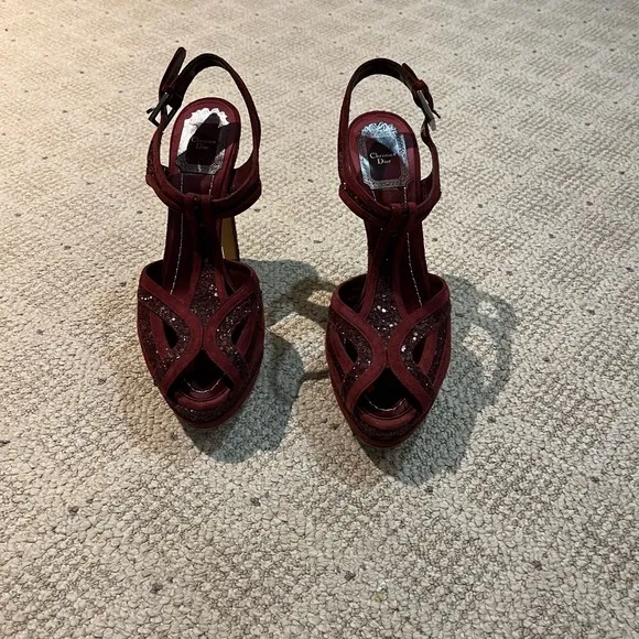 Christian Dior “Celeste” Suede Glitter T-Strap Platform Sandals.