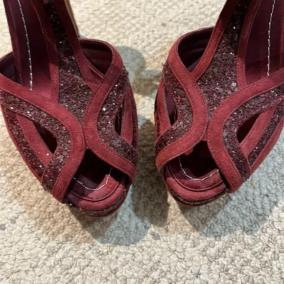 Christian Dior “Celeste” Suede Glitter T-Strap Platform Sandals.