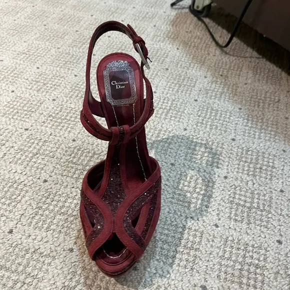 Christian Dior “Celeste” Suede Glitter T-Strap Platform Sandals.