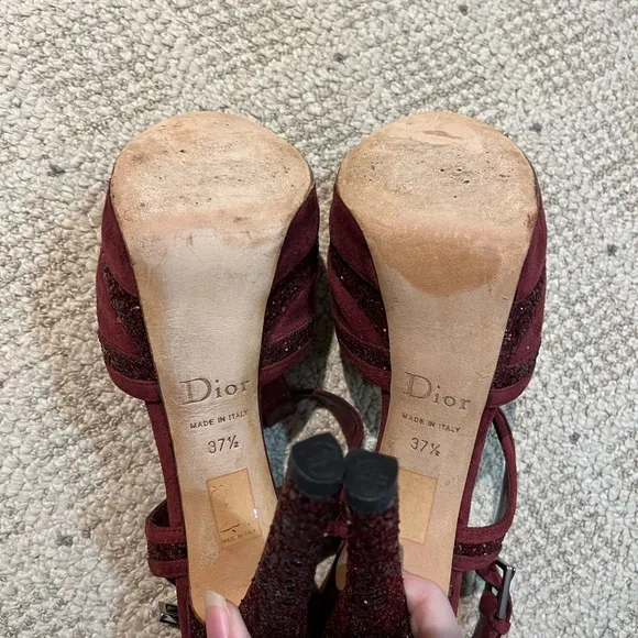 Christian Dior “Celeste” Suede Glitter T-Strap Platform Sandals.