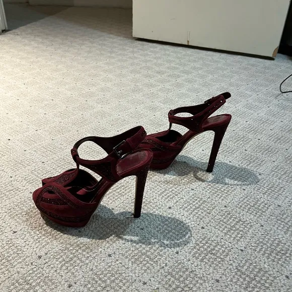 Christian Dior “Celeste” Suede Glitter T-Strap Platform Sandals.