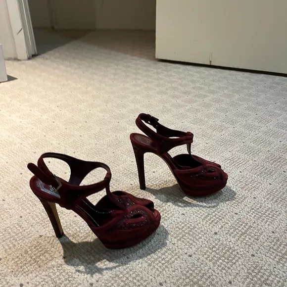 Christian Dior “Celeste” Suede Glitter T-Strap Platform Sandals.