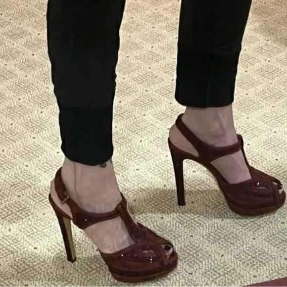 Christian Dior “Celeste” Suede Glitter T-Strap Platform Sandals.