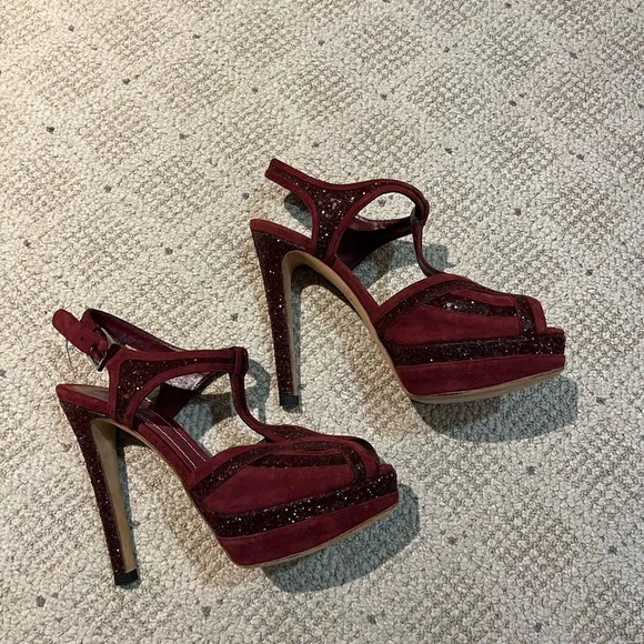 Christian Dior “Celeste” Suede Glitter T-Strap Platform Sandals.