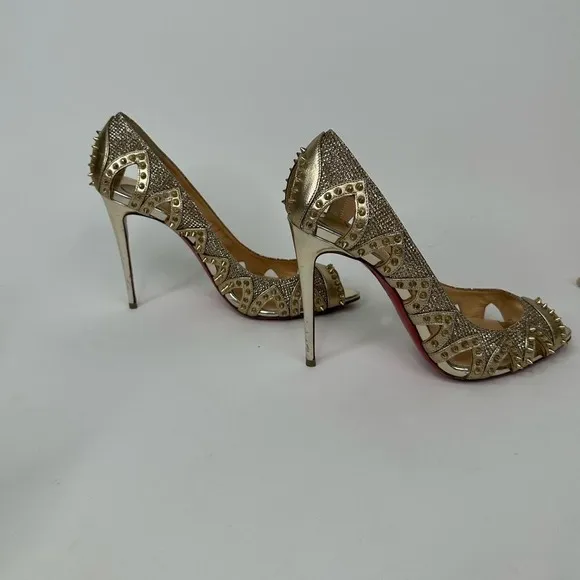 Christian Louboutin Heels Womens 38/US 8 Gold Red Studded Peep Toe‎ Heels Pumps