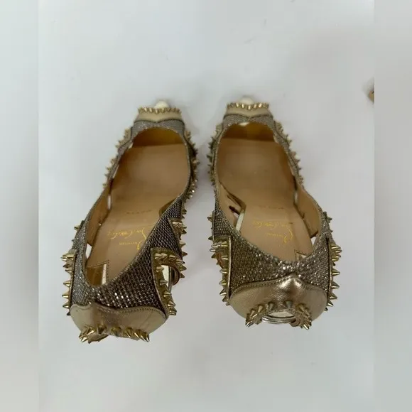 Christian Louboutin Heels Womens 38/US 8 Gold Red Studded Peep Toe‎ Heels Pumps