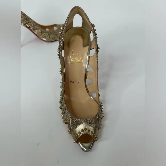 Christian Louboutin Heels Womens 38/US 8 Gold Red Studded Peep Toe‎ Heels Pumps