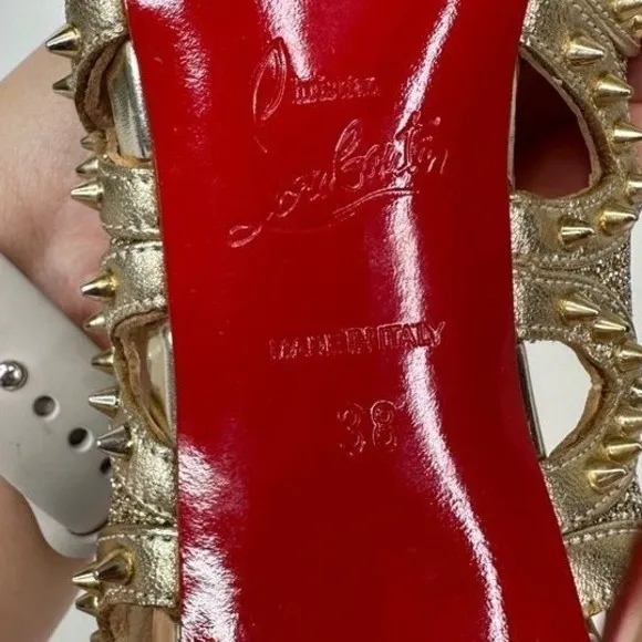 Christian Louboutin Heels Womens 38/US 8 Gold Red Studded Peep Toe‎ Heels Pumps