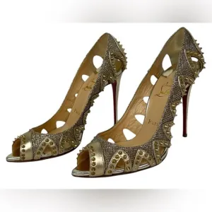 Christian Louboutin Heels Womens 38/US 8 Gold Red Studded Peep Toe‎ Heels Pumps