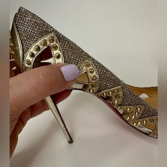 Christian Louboutin Heels Womens 38/US 8 Gold Red Studded Peep Toe‎ Heels Pumps