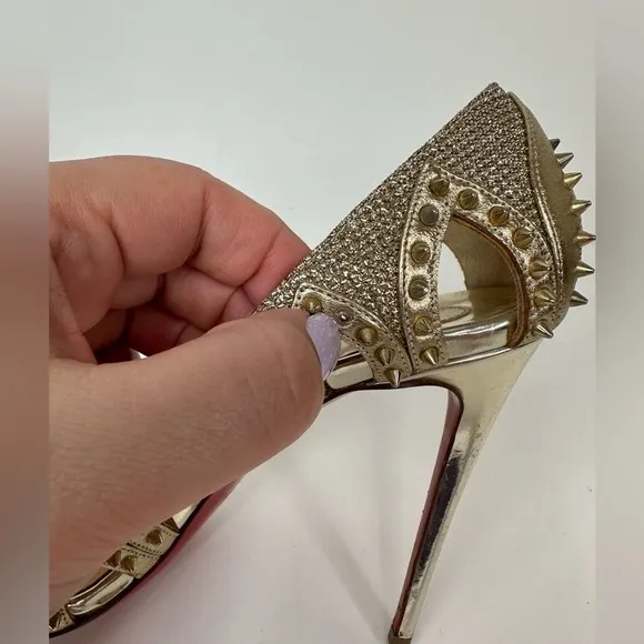 Christian Louboutin Heels Womens 38/US 8 Gold Red Studded Peep Toe‎ Heels Pumps